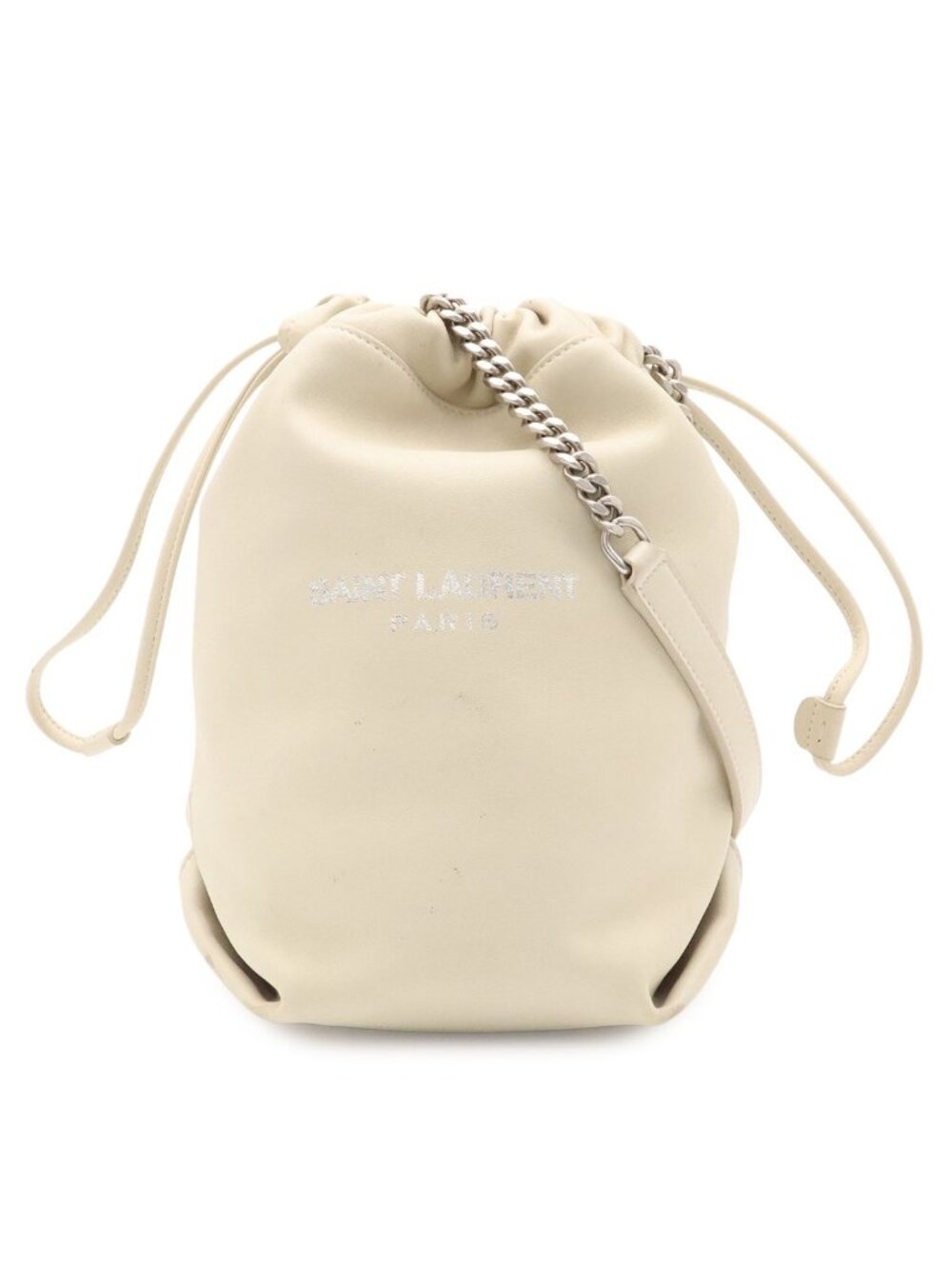Saint Laurent Paris YSL Teddy Small Chain Shoulder Bag Drawstring Leather Ivory